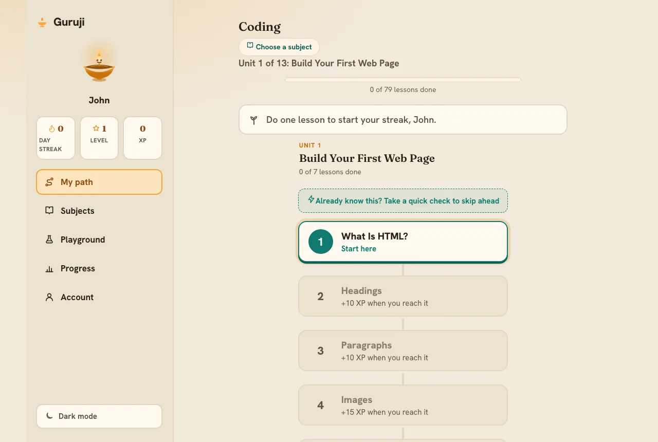 The Guruji app: a left rail with the diya mascot, streak and XP, next to a lesson path for building your first web page.